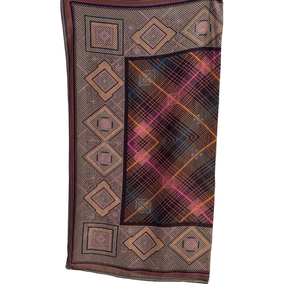 Vintage Geometric Diamond Grid Silk Scarf Brown Orange Pink Hand Rolled Edge